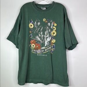 Vintage Fashion Threads United Spirit Black Hills Green Wolf Floral Tshirt XL